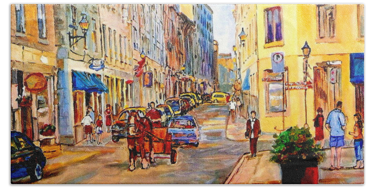 Montreal Bath Towel featuring the painting Old Montreal Paintings Youville Square Rue De Commune Vieux Port Montreal Street Scene by Carole Spandau