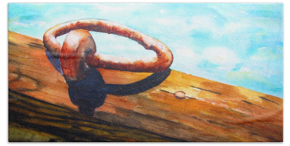 Nautical Bath Towel featuring the painting Old Mooring Ring on Wood Dock by Carlin Blahnik CarlinArtWatercolor