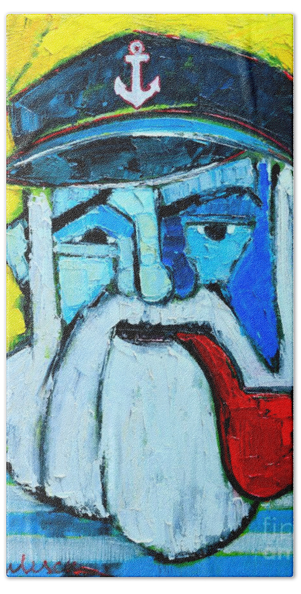 Sailor Bath Towel featuring the painting Old Sailor With Pipe Expressionist Portrait by Ana Maria Edulescu