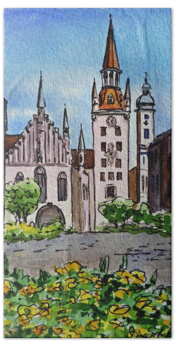Munich Bath Towel featuring the painting Old Town Hall Munich Germany by Irina Sztukowski