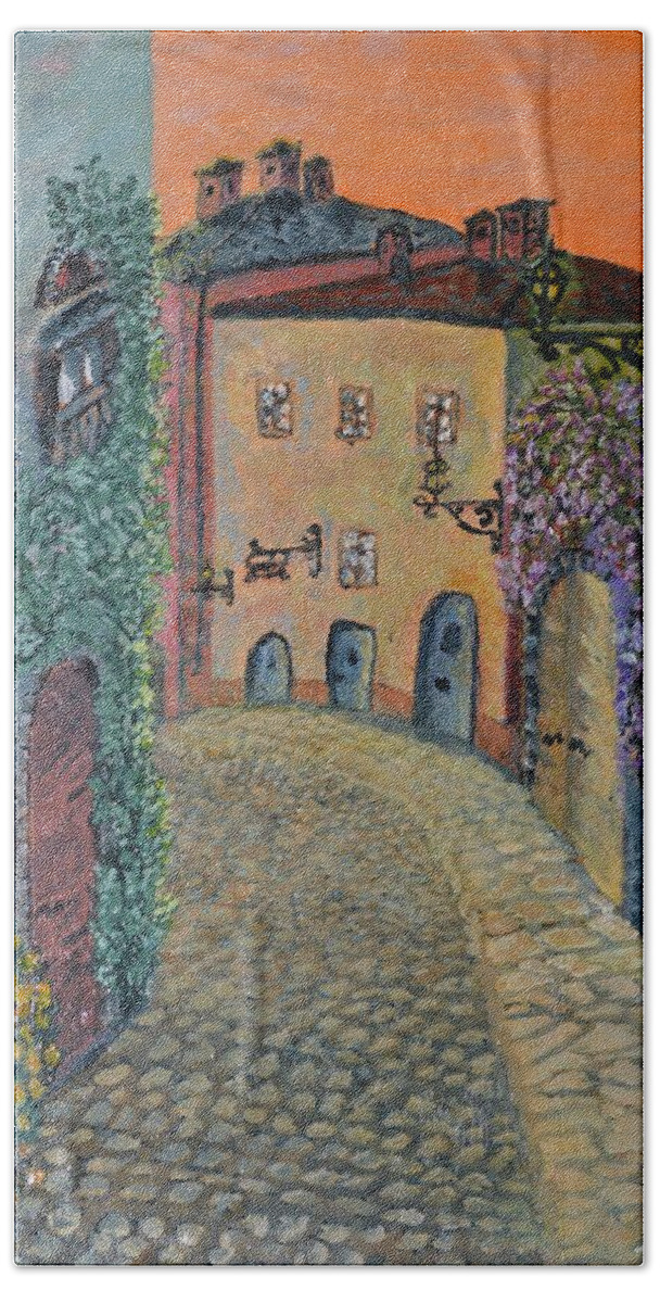 Landscape Bath Towel featuring the painting Old town in Piedmont by Felicia Tica