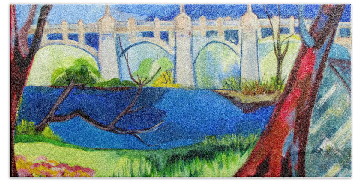 Western Gateway Bridge Bath Towel featuring the painting Old Western Gateway Bridge Schenectady to Scotia by Betty Pieper