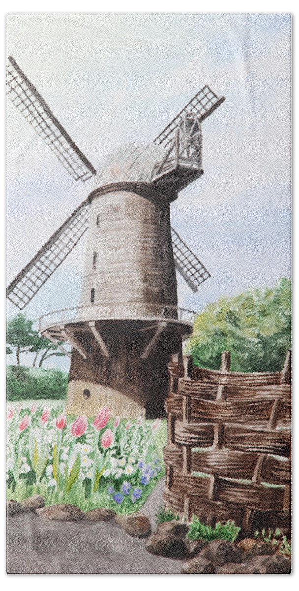 Windmill Hand Towel featuring the painting Old Windmill. Golden Gate Park. San Francisco by Masha Batkova