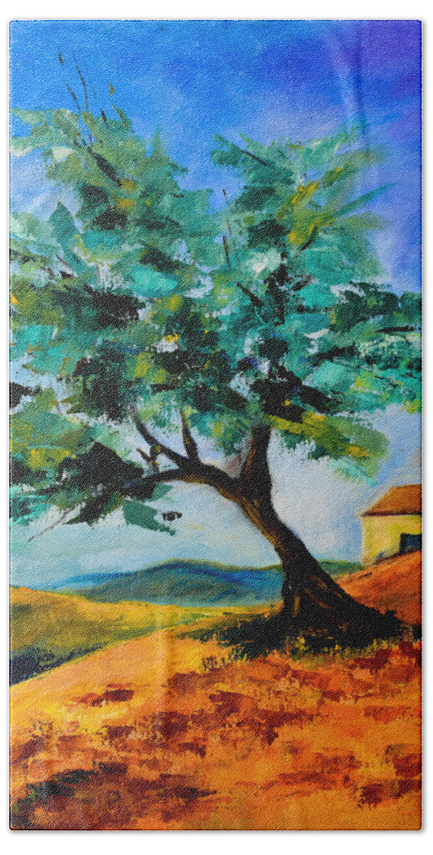 Olive Hand Towel featuring the painting Olive Tree on the Hill by Elise Palmigiani