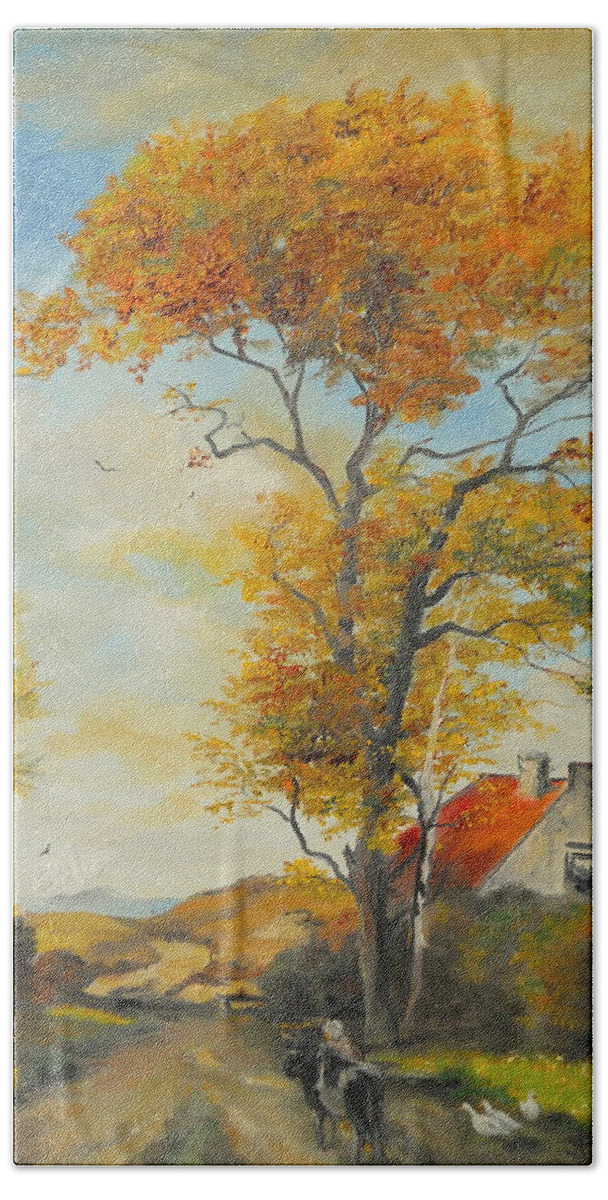 Tree Bath Towel featuring the painting On country road by Sorin Apostolescu