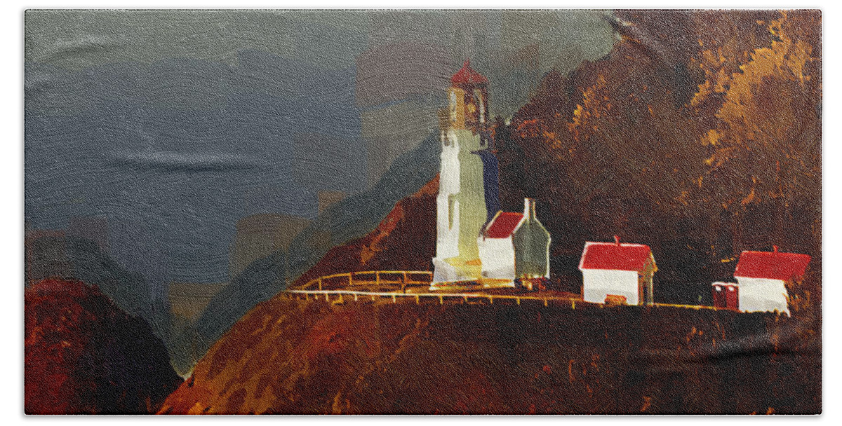 Lighthouse Bath Towel featuring the painting On The Bluff by Kirt Tisdale