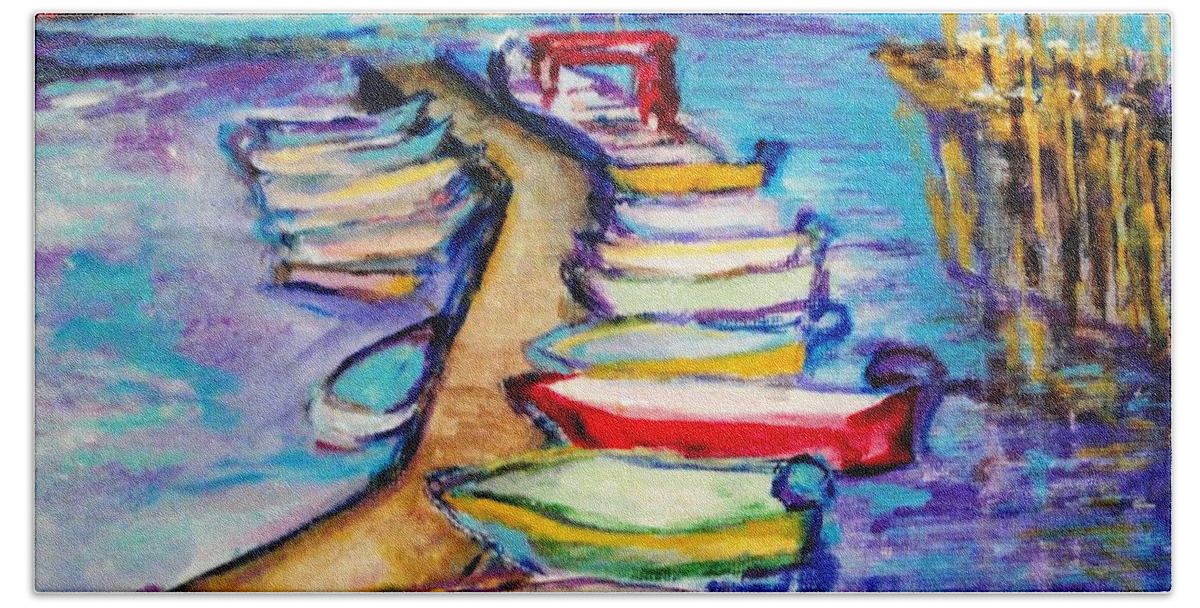 Sailboard Bath Towel featuring the painting On The Boardwalk by Helena Bebirian