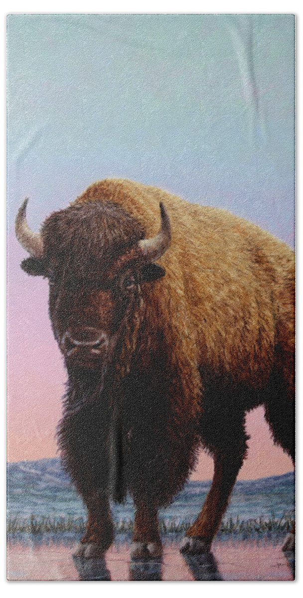 Buffalo Hand Towel featuring the painting On Thin Ice by James W Johnson