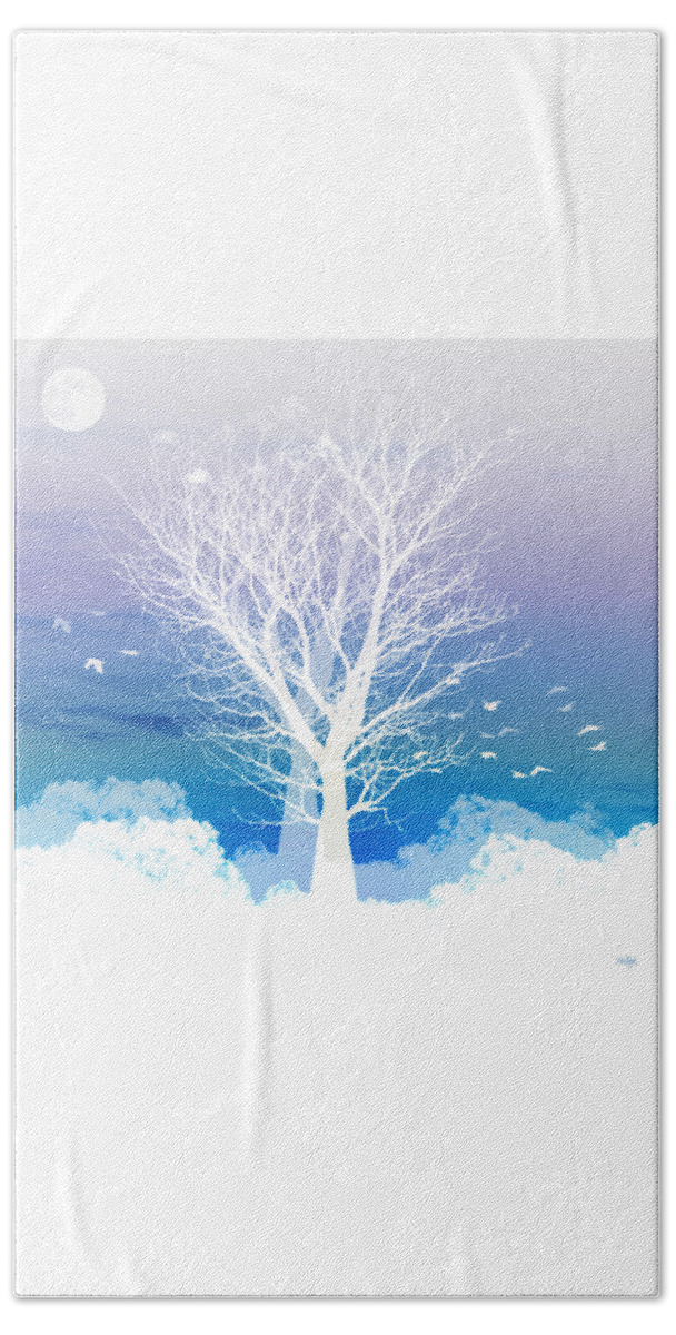 Tree Blue Moon Purple Birds Flying Square Boab Negative Abstract Landscapes Fantasy Hand Towel featuring the photograph Once upon a moon lit night... by Holly Kempe