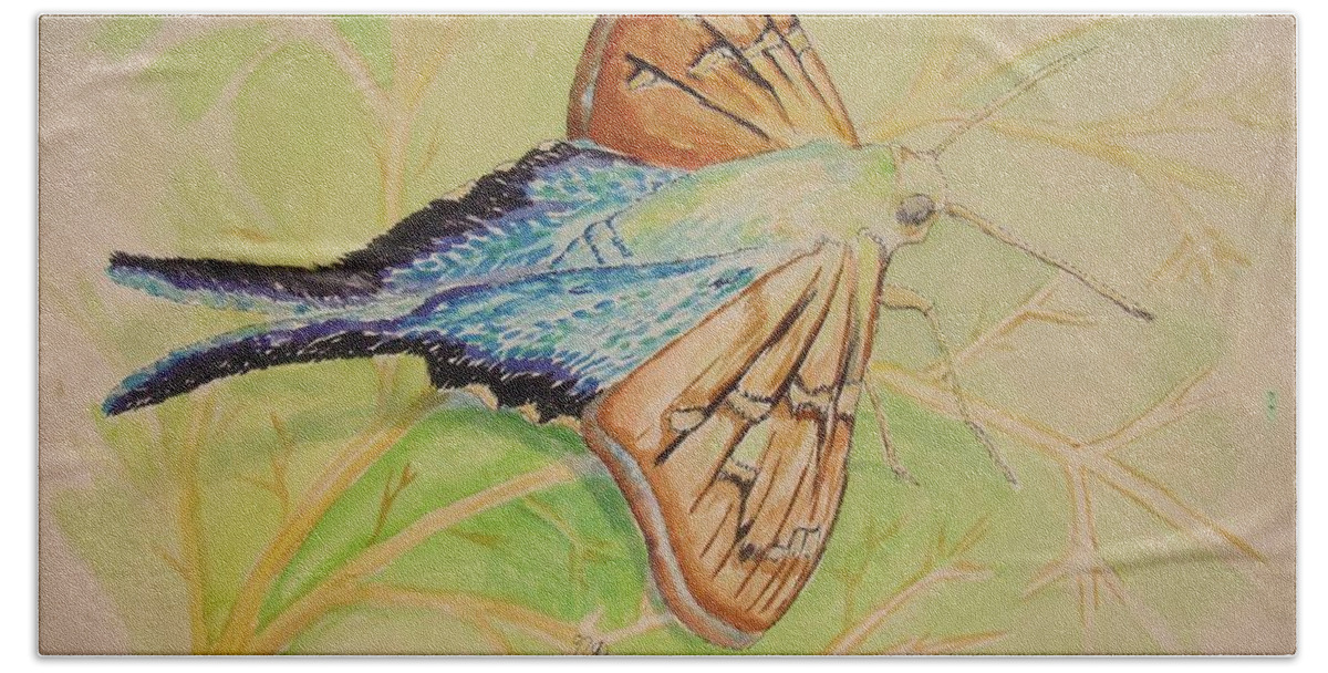 Moth Bath Towel featuring the painting One Day in a Long-tailed Skipper Moth's life by Nicole Angell