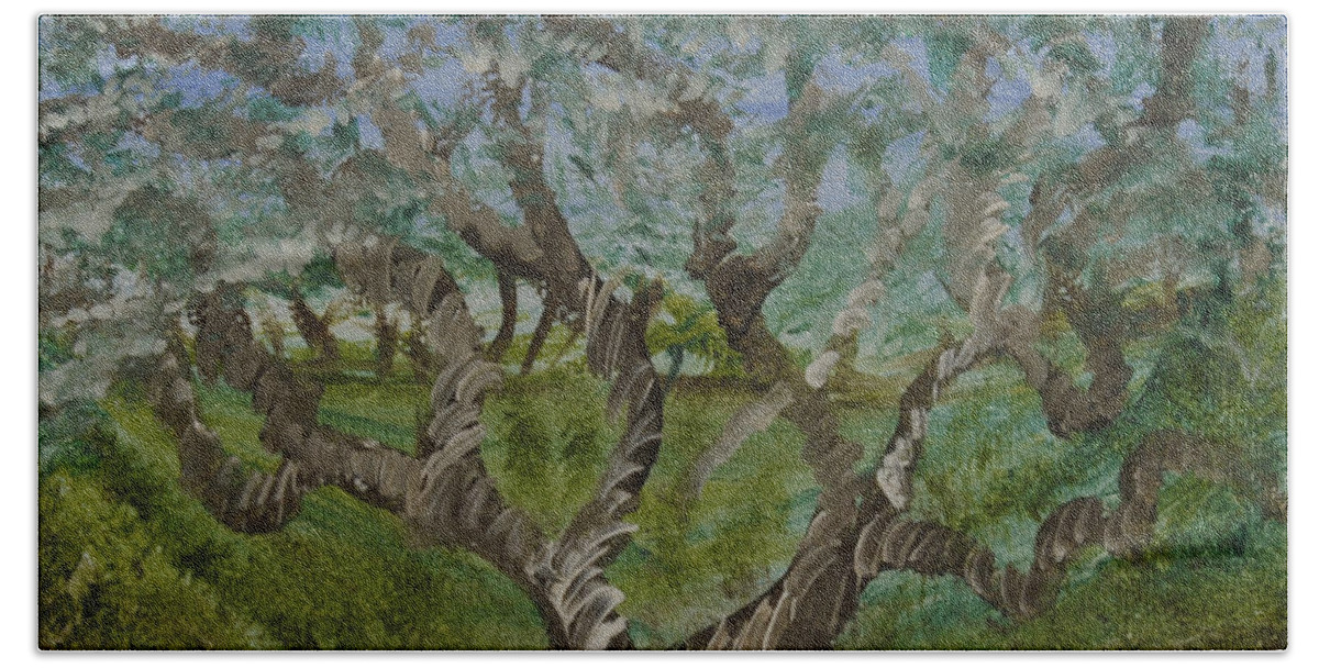 One Tree Hand Towel featuring the painting One Tree - 2 by Suzanne Surber