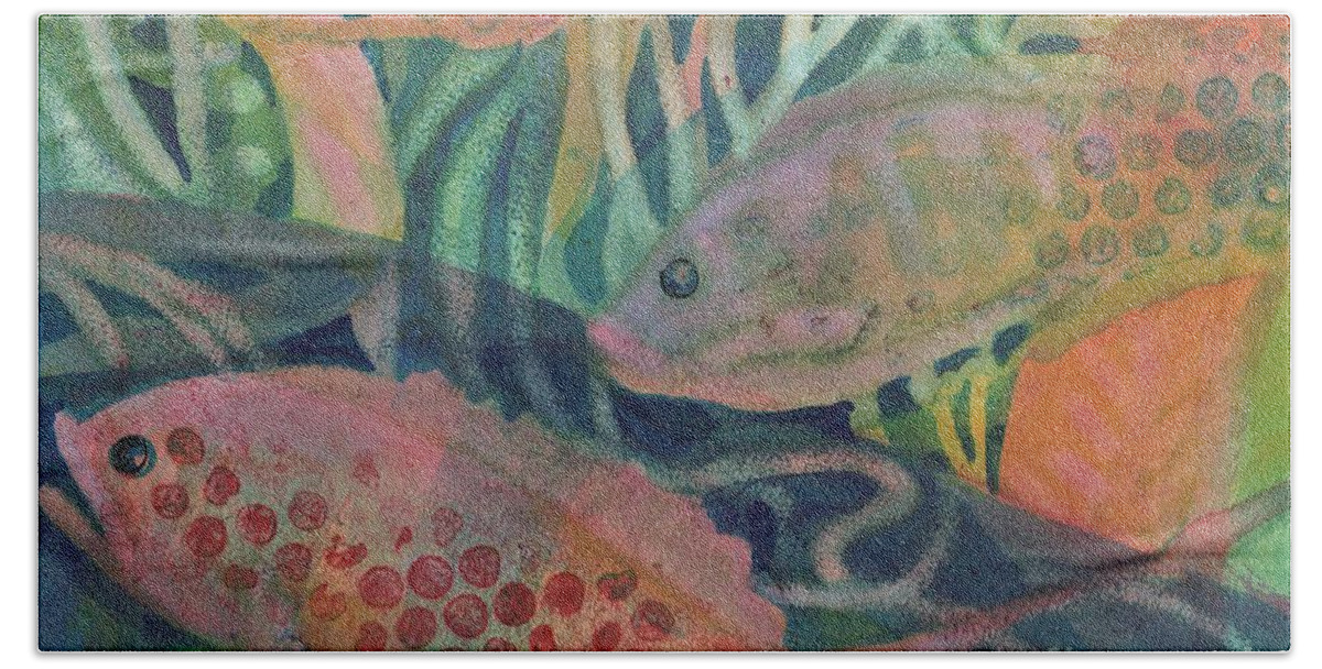 Underwater Hand Towel featuring the painting One Two Pink Blue by Joan Clear