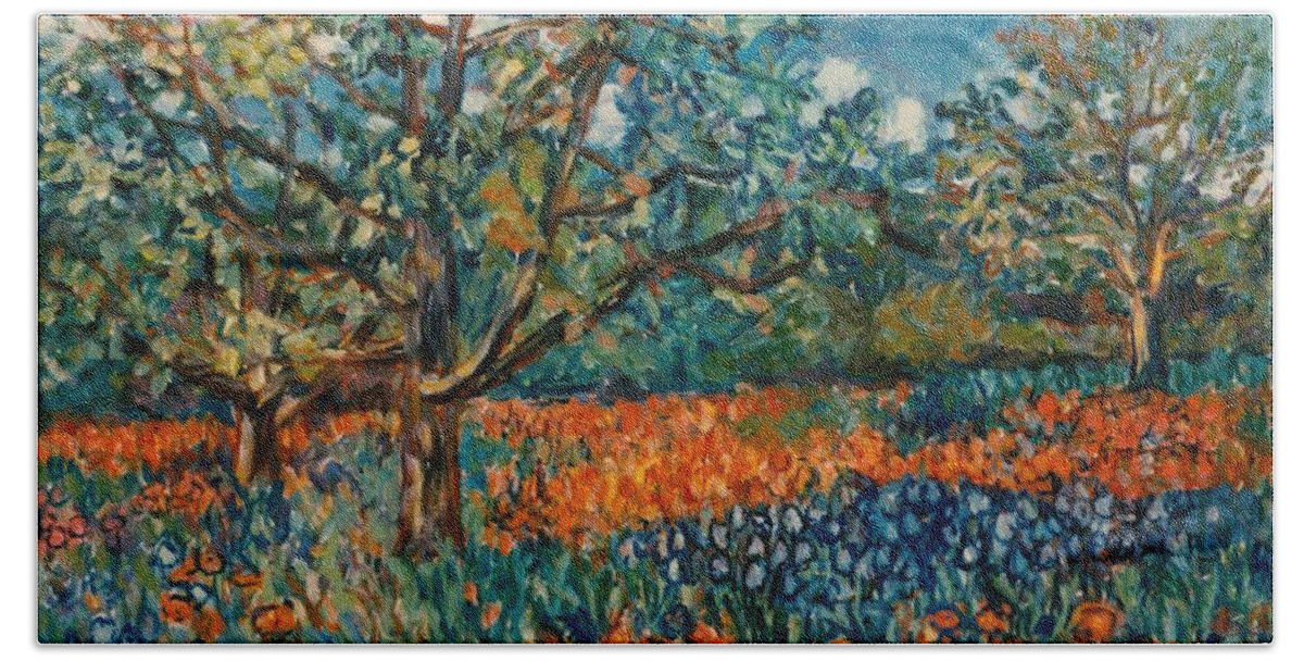 Flowers Hand Towel featuring the painting Orange and Blue Flower Field by Kendall Kessler
