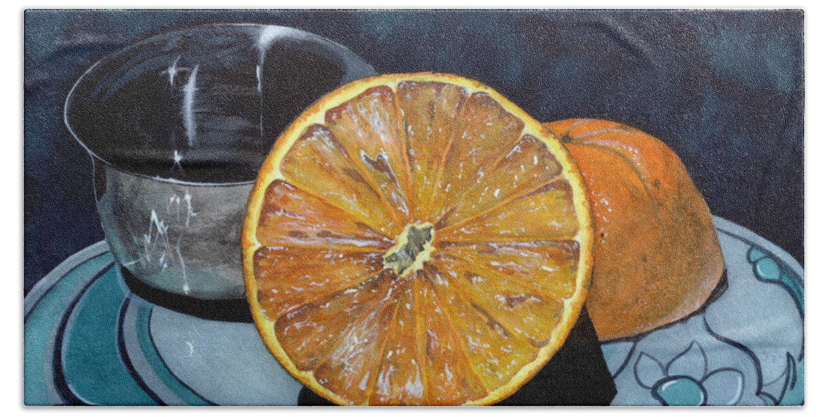 Fruit Bath Towel featuring the painting Orange and Silver by Barbara Jewell
