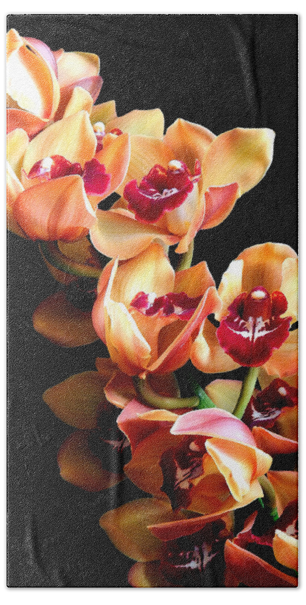 Flowers Bath Towel featuring the photograph Orange Cymbidium Still Life Flower Art Poster by Lily Malor