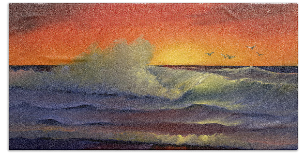 Seascape Hand Towel featuring the painting Orange Glow by Kathie Camara