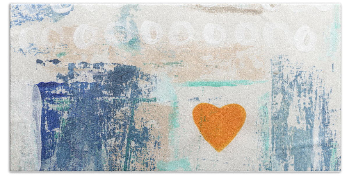 Heart Bath Towel featuring the painting Orange Heart- abstract painting by Linda Woods