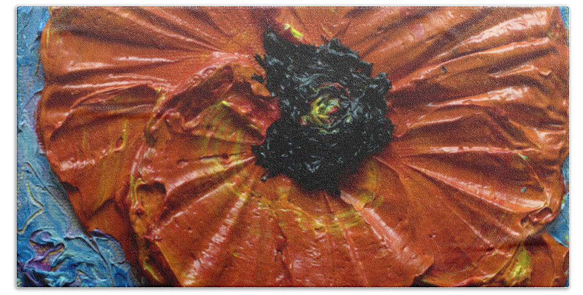 Red Bath Towel featuring the painting Single Red Poppy by Paris Wyatt Llanso