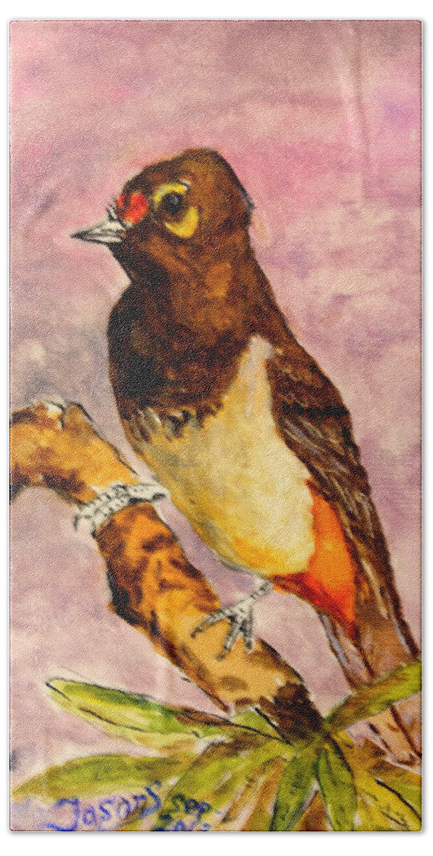 Bird Hand Towel featuring the painting Orange-spotted Bulbul by Jason Sentuf