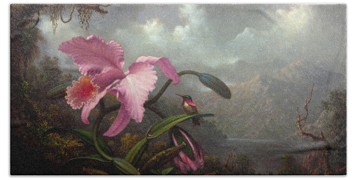Orchid Hand Towel featuring the painting Orchid and Hummingbird #1 by Martin Johnson Heade