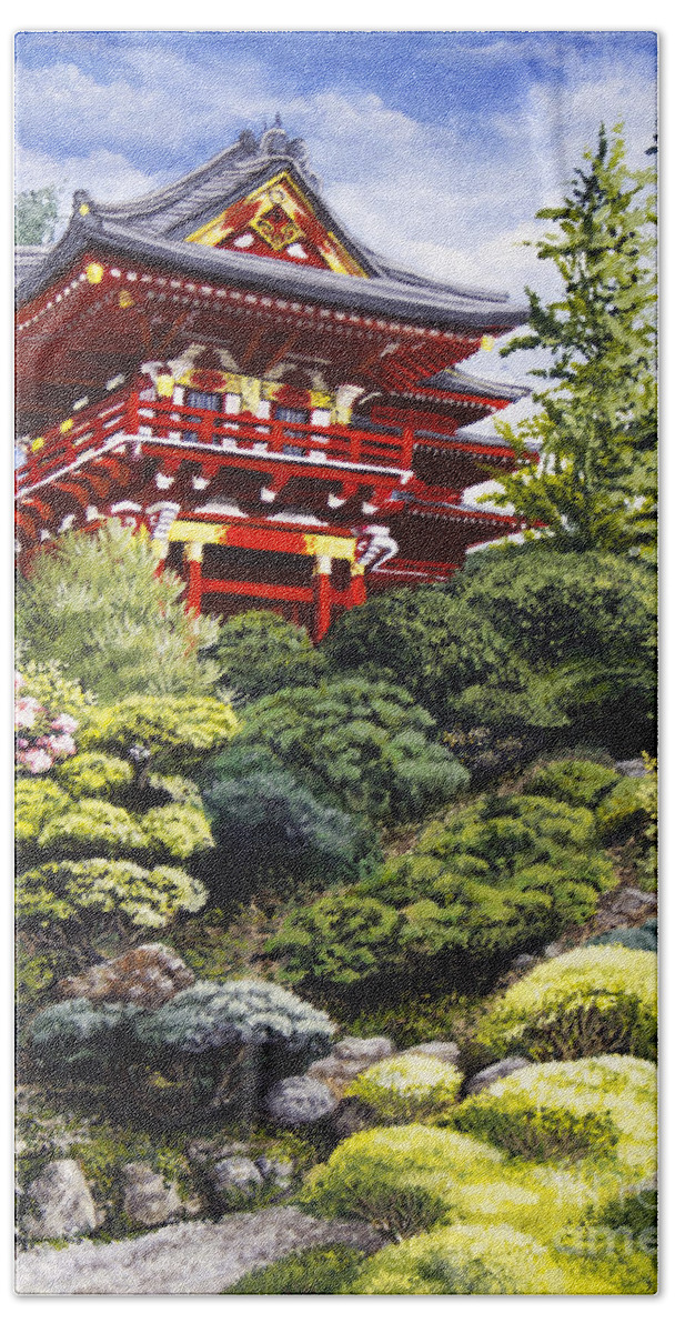 Japanese Tea Garden Hand Towel featuring the painting Oriental Treasure by Mary Palmer