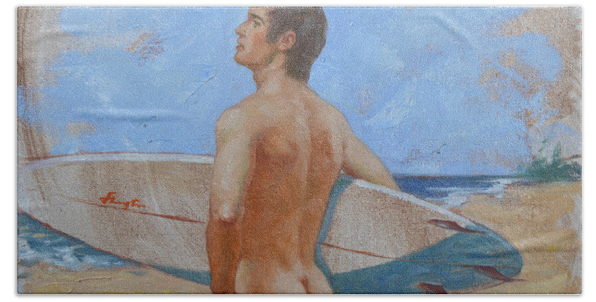Oil Painting Art Hand Towel featuring the painting Original Oil Painting Gay Man Art Male Nude On Canvas by Hongtao Huang