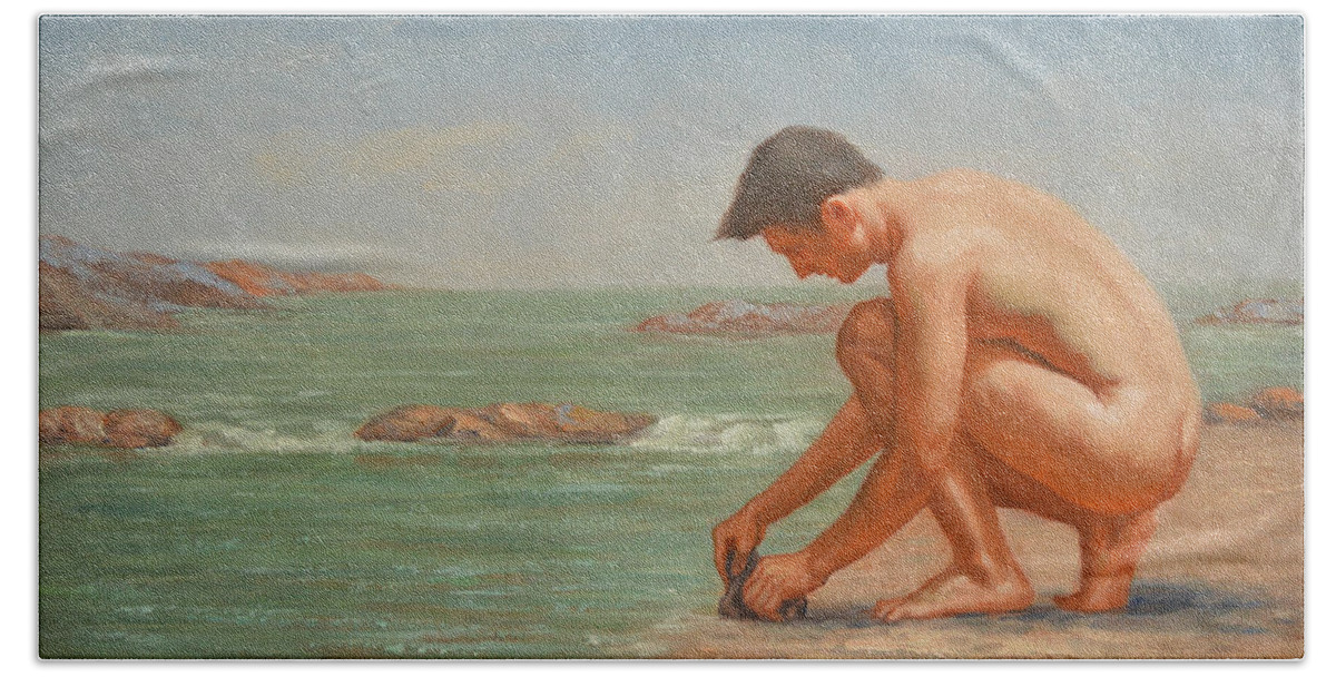 Original Hand Towel featuring the painting Original Oil Painting Man Body Art Male Nude By The Sea#16-2-5-42 by Hongtao Huang