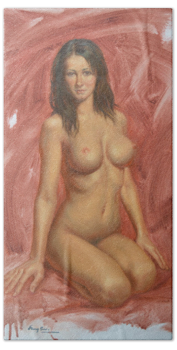 Original Bath Towel featuring the painting Original Oil Painting Nude Girl Art Female Nude On Canvas#16-2-6-04 by Hongtao Huang