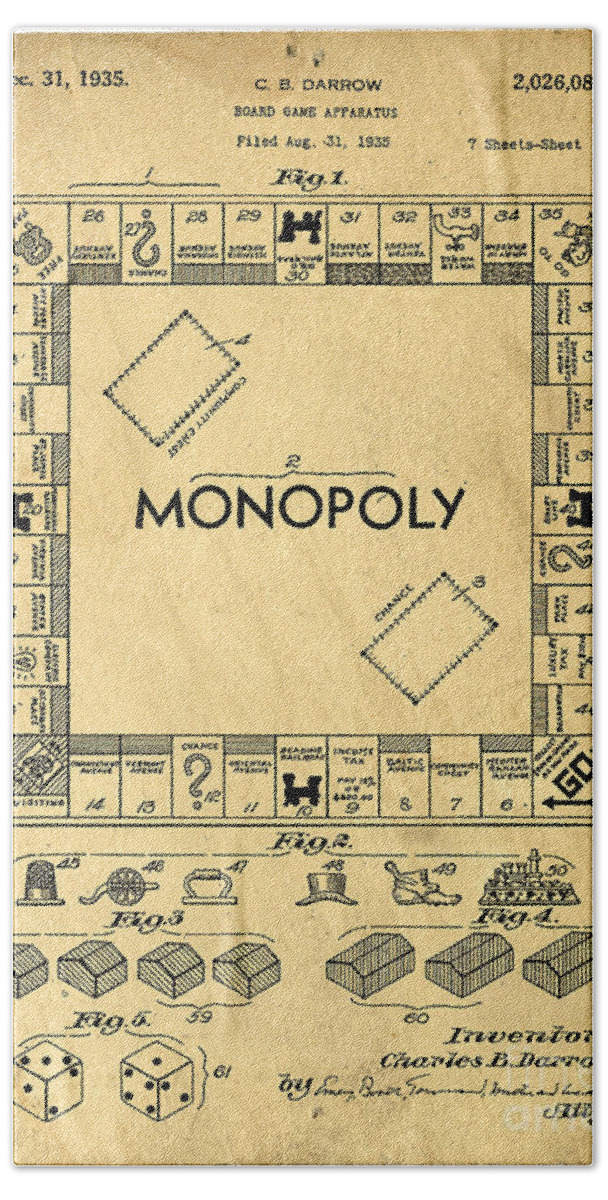 Monopoly Hand Towel featuring the digital art Original Patent for Monopoly Board Game by Edward Fielding