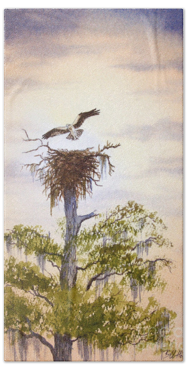 Osprey Hand Towel featuring the painting Osprey Approaching Nest by Bill Holkham
