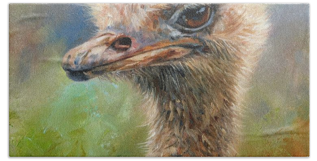 Ostrich Bath Towel featuring the painting Ostrich by David Stribbling