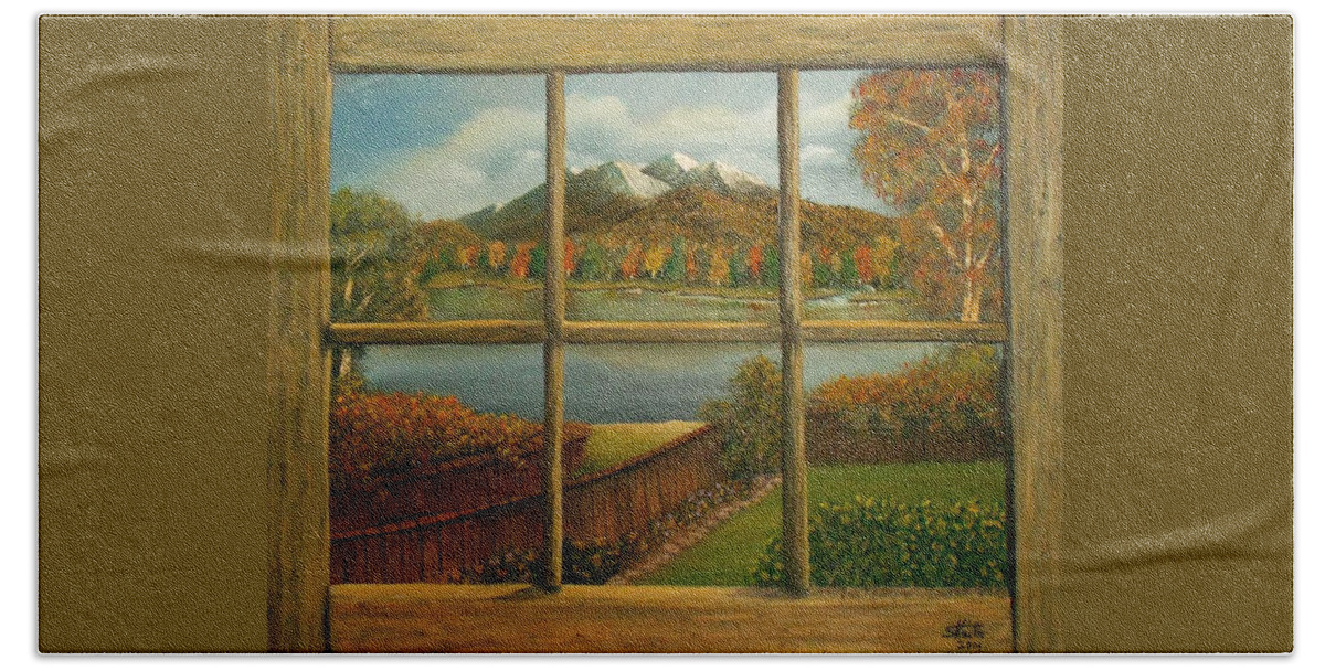 Window Bath Towel featuring the painting Out My Window-Autumn Day by Sheri Keith