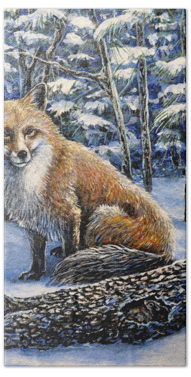 Nature Wildlife Fox Snow Winter Animal Mouse Bath Towel featuring the painting Outfoxed by Gail Butler