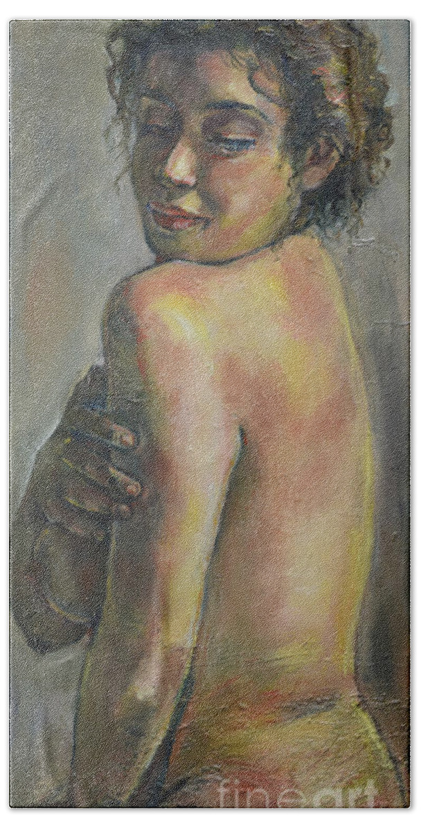 Raija Merila Hand Towel featuring the painting Over The Shoulder by Raija Merila