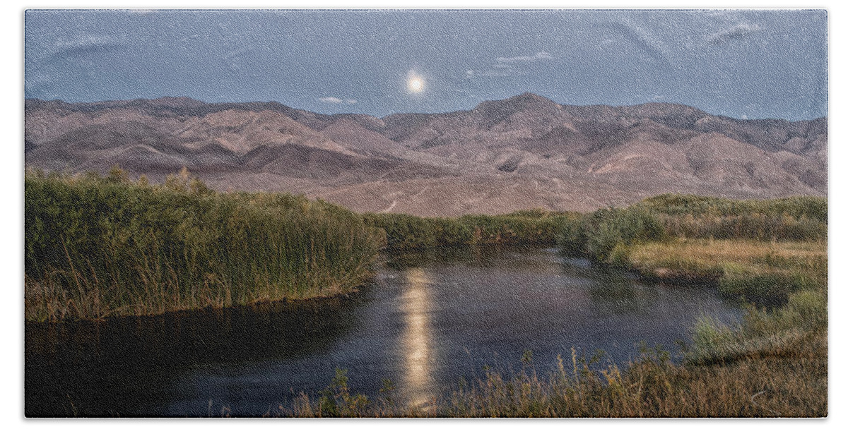 River Water Reflection Moon Mountains Grass Green Blue California eastern Sierra Nature Scenic Landscape Night Sky Clear Hand Towel featuring the photograph Owens River Moonrise by Cat Connor