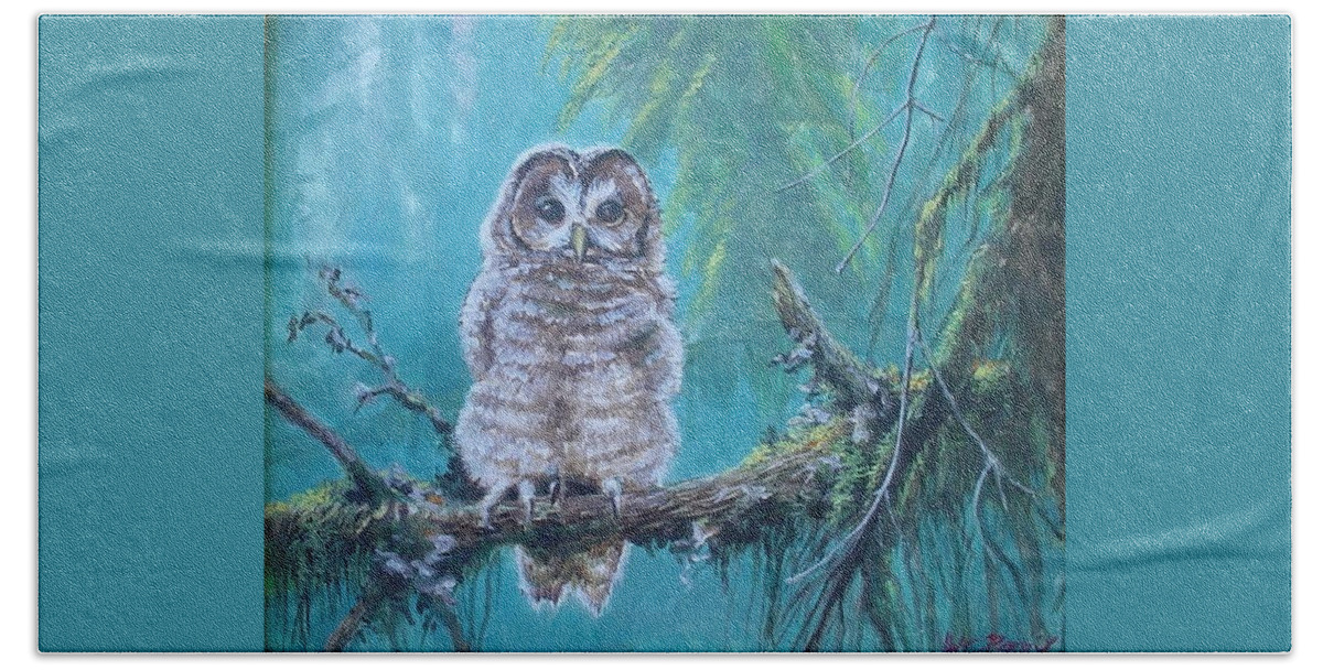 Owl In The Woods Bath Towel featuring the painting Owl in the woods by Perry's Fine Art