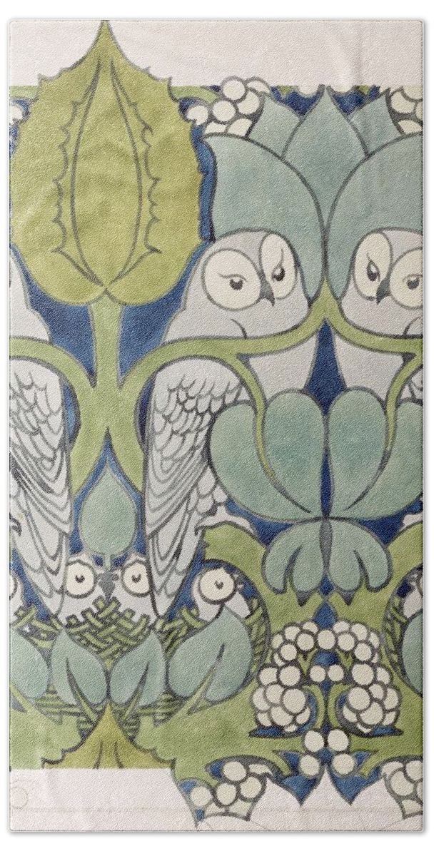 Textile Or Wallpaper Design Hand Towel featuring the painting Owls, 1913 by Charles Francis Annesley Voysey