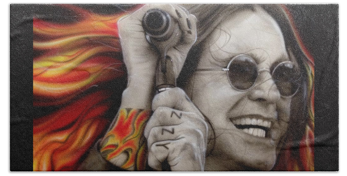 Ozzy Osbourne Bath Sheet featuring the painting Ozzy's Fire by Christian Chapman Art