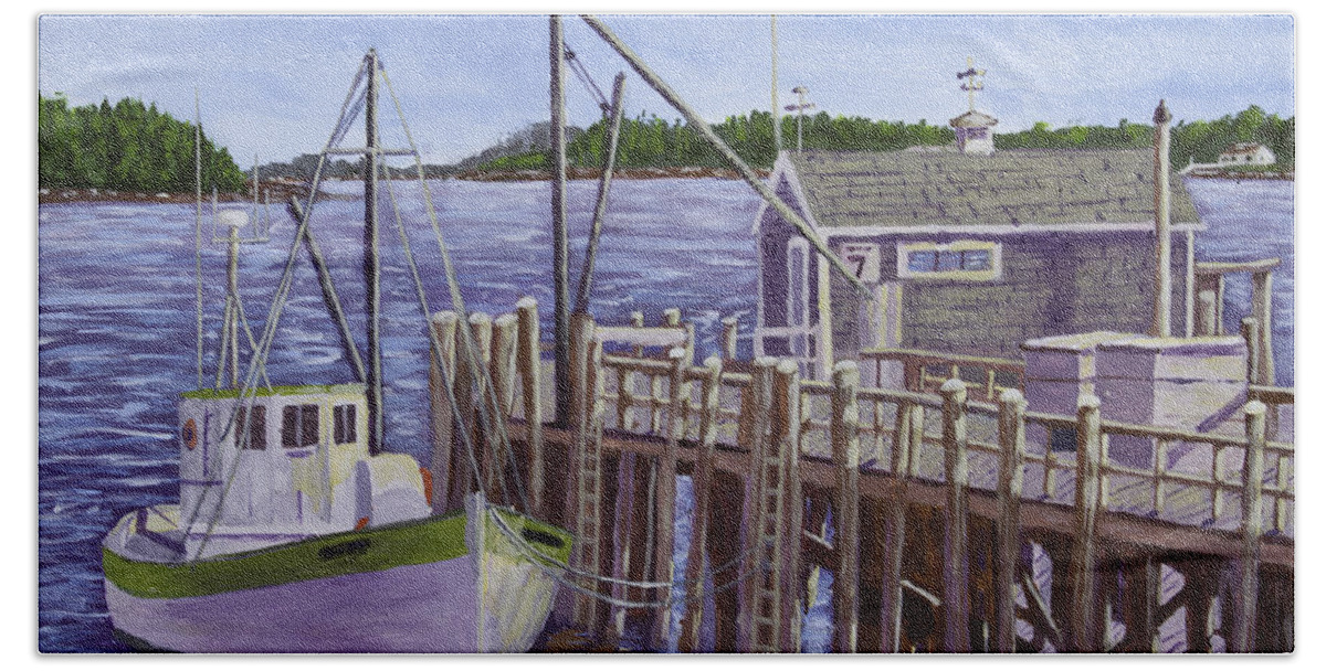Fishing Bath Towel featuring the painting Fishing Boat Docked In Boothbay Harbor Maine by Keith Webber Jr