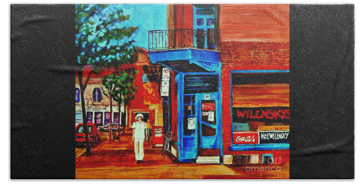 Montreal Bath Towel featuring the painting Paintings Of Montreal Memories Moe Wilenskys Famous Corner Deli Montreal Spring City Scene by Carole Spandau