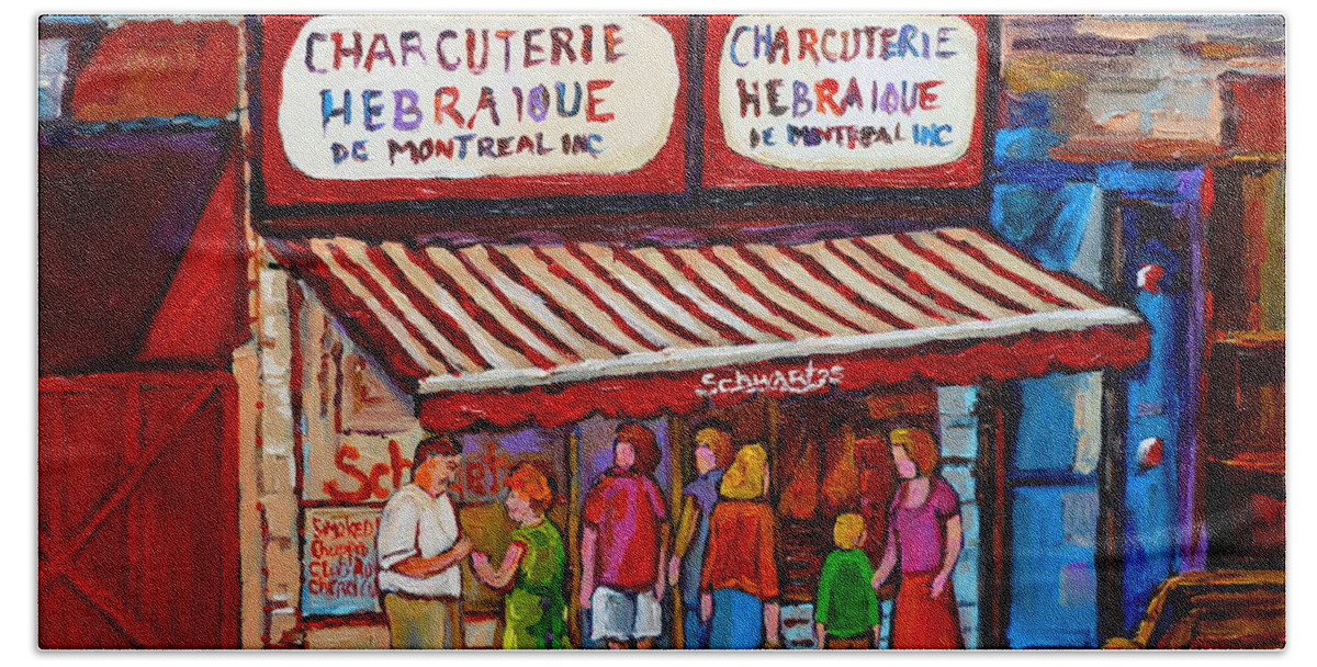 Montreal Bath Towel featuring the painting Paintings Of Montreal Streets Schwartzs Hebrew Deli by Carole Spandau