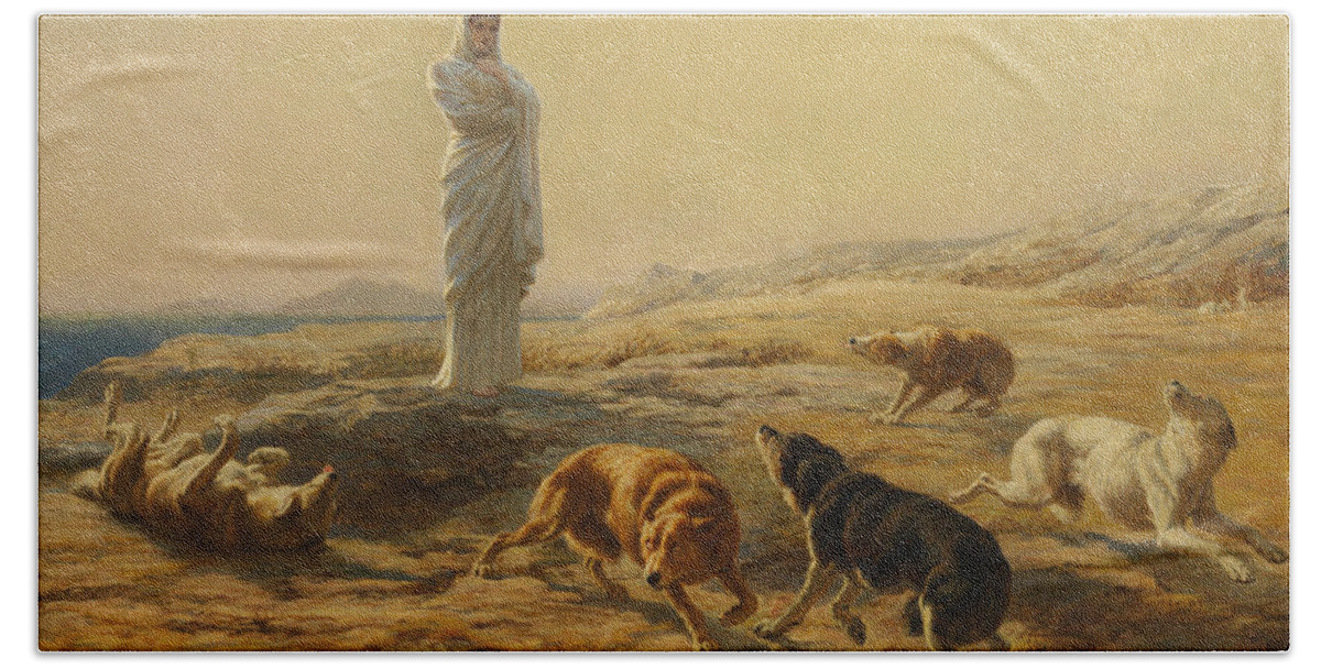 Briton Riviere Bath Towel featuring the painting Pallas Athena and the Herdsmans Dogs by Briton Riviere
