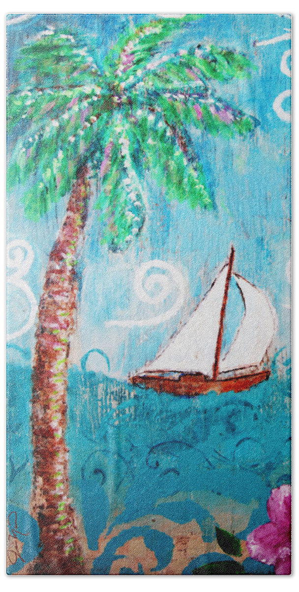 Palm Tree Bath Towel featuring the painting Palm Tree and Sailboat by Jan Marvin by Jan Marvin