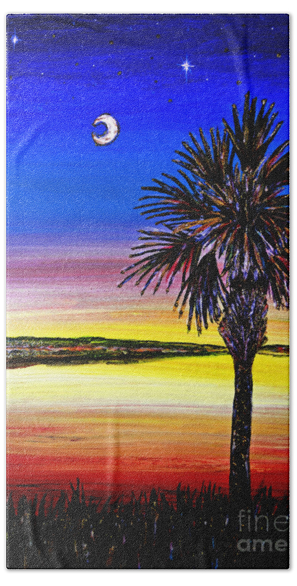 Palmetto Tree Hand Towel featuring the painting Palmetto Sunset Moon and Stars by Pat Davidson