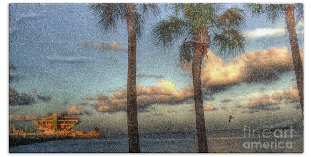 Pier Bath Towel featuring the photograph Palms at the Pier by Timothy Lowry