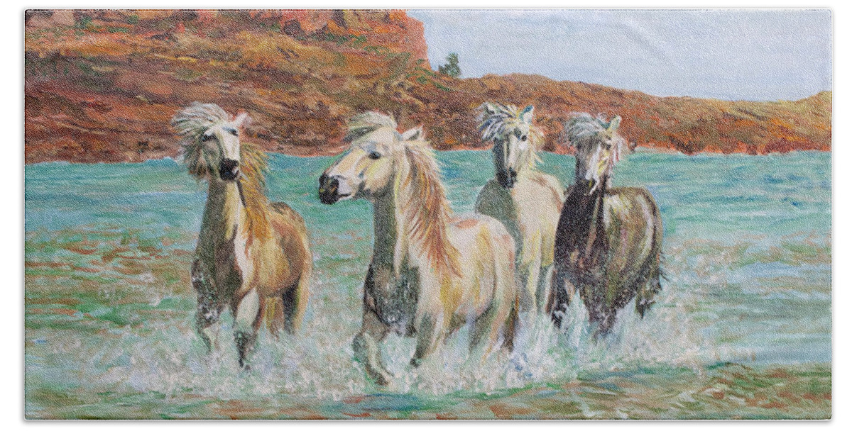 Horses Bath Towel featuring the painting Palominos All by Sarabjit Singh