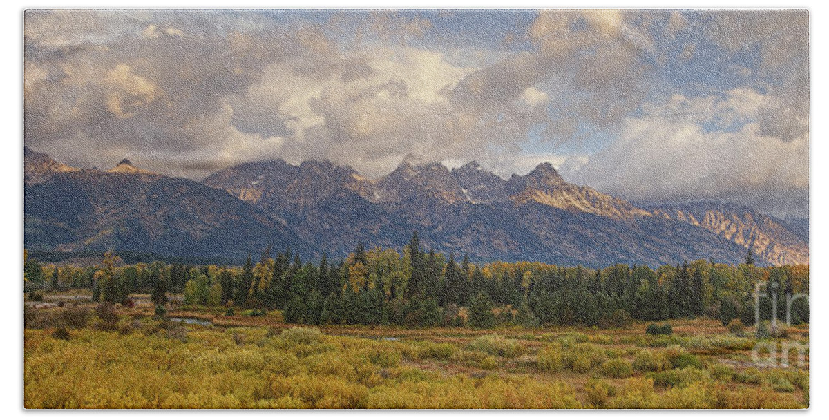 North America Bath Towel featuring the photograph Panaroma Clearing Storm on a Fall Morning in Grand Tetons National Park by Dave Welling