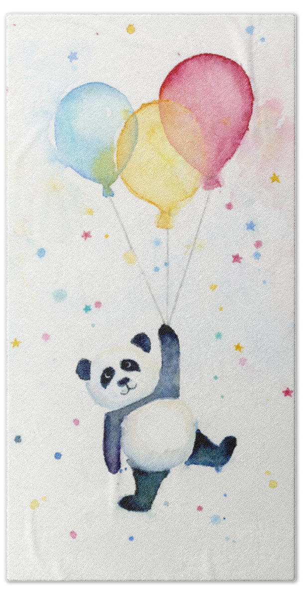 Panda Bath Sheet featuring the painting Panda Floating with Balloons by Olga Shvartsur