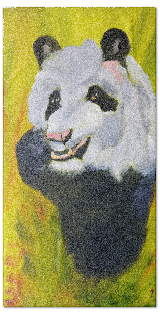 Panda Bear Bath Towel featuring the painting Panda-monium by Meryl Goudey