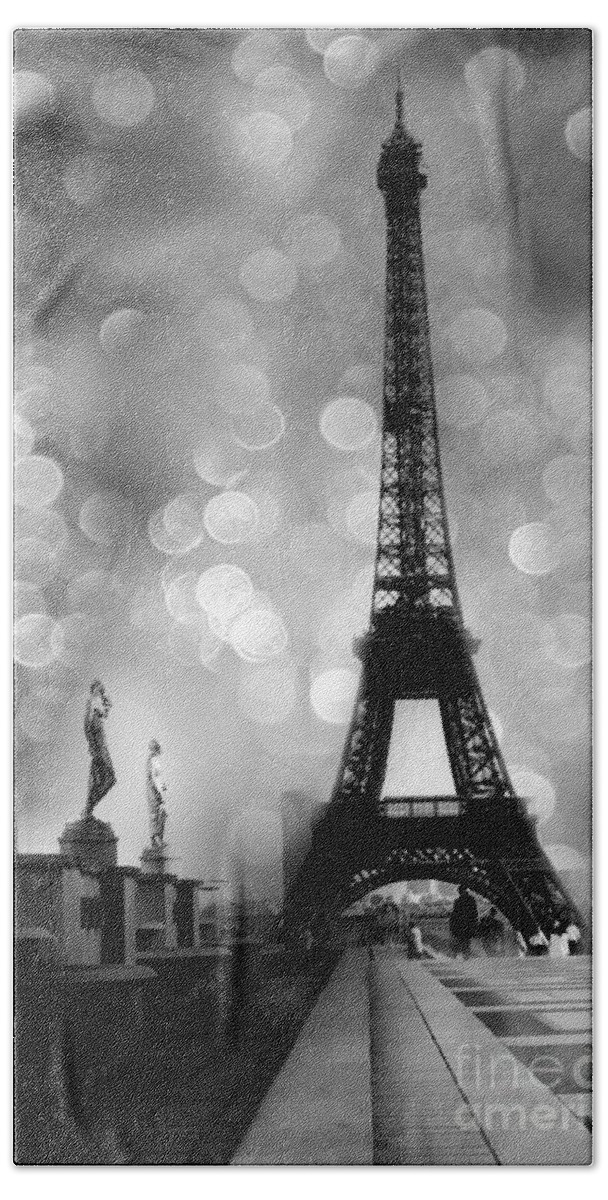 Paris Hand Towel featuring the photograph Paris Eiffel Tower Surreal Black and White Photography - Eiffel Tower Bokeh Surreal Fantasy Night by Kathy Fornal